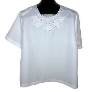 VINTAGE 90s White Semi Sheer Scalloped Cottagecore Minimalist Shirt Top 16/18